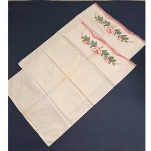 Vintage White Cotton Pillowcase Set Pink Floral Embroidery Crochet Lace Trim 2pc